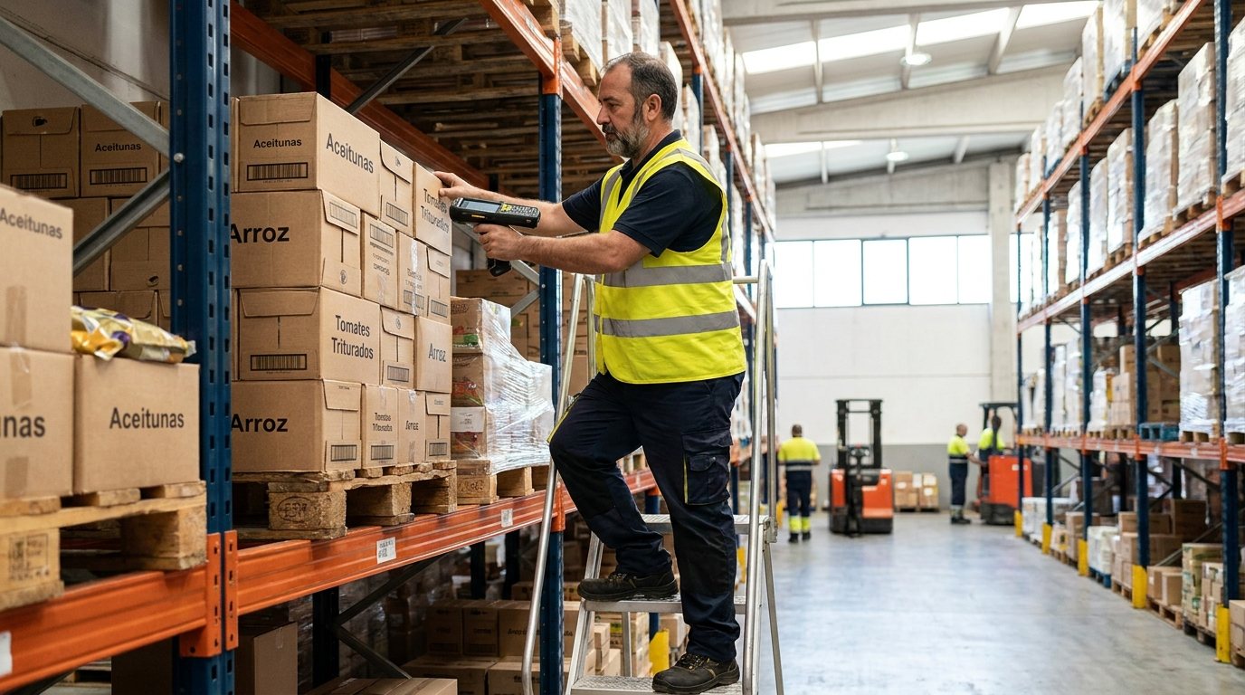 Operario contando cajas en una ubicación de estantería con un lector de códigos de barras