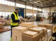 Almacén de distribución alimentaria con palés de productos navideños y un operario con lector