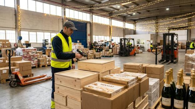 Almacén de distribución alimentaria con palés de productos navideños y un operario con lector
