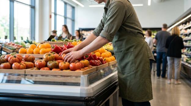 Empleada de supermercado revisando y reponiendo fruta y verdura en la sección de frescos