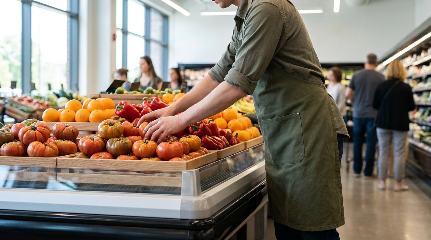 Empleada de supermercado revisando y reponiendo fruta y verdura en la sección de frescos