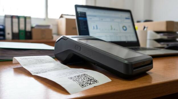 Terminal de punto de venta y ticket de compra con código QR en una empresa de distribución